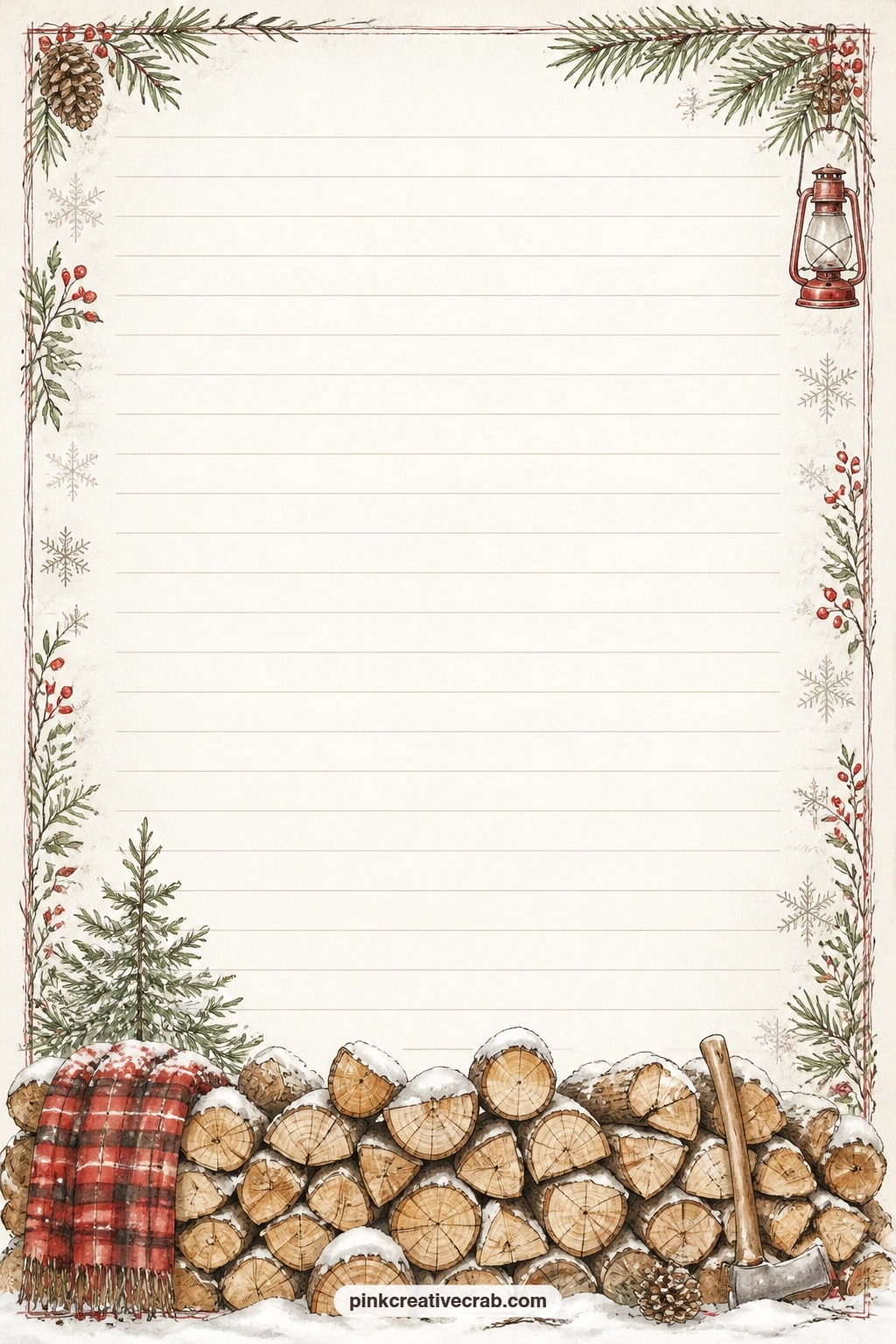 Cabin Woodpile Footer Lined Page printable page — A stacked woodpile runs along the bottom of this page like a footer, the lined space above open for a recipe