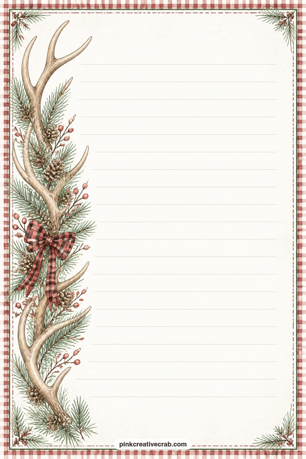 Antler And Pine Bough Side Lined Page printable page — Antlers and a pine bough trail down one side of this page, the ruled lines beside them ready for a