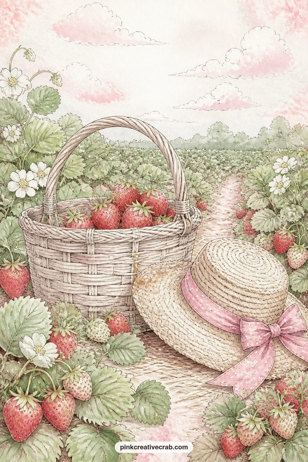 Strawberry Patch Picking Basket printable page — Out in the sun, a woven picking basket sits half full beside a straw hat, with low strawberry rows stretching