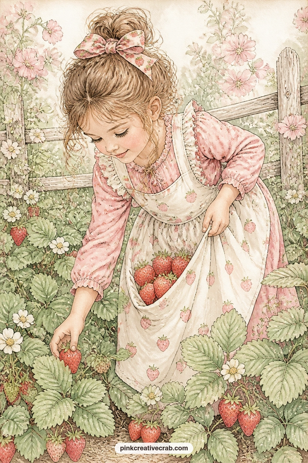 Girl Picking Strawberries In Her Apron printable page — Glue in a pressed leaf or a real ticket stub from a farm visit here, tucked along the bottom edge where