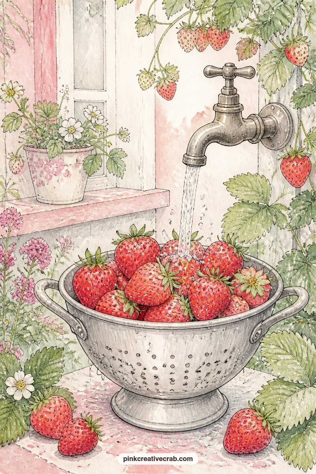 Strawberries In A Colander Under The Tap printable page — Pair this page with the gingham background paper from this set, slipping a strip of it behind the