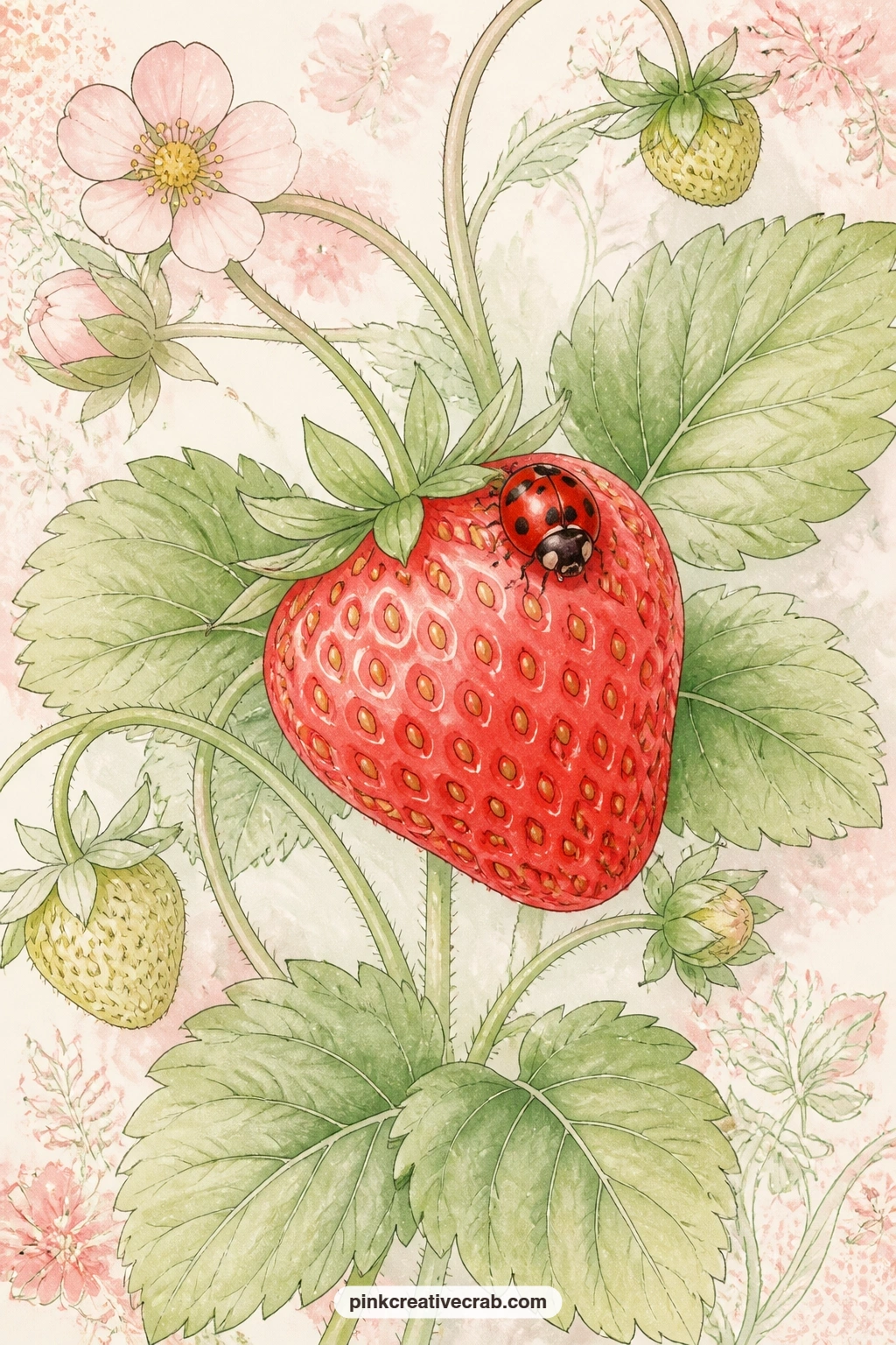 Ladybug On A Ripe Strawberry printable page — The usual trap here is leaving the leaves too plain; add a few water spots and one curled edge so the greenery