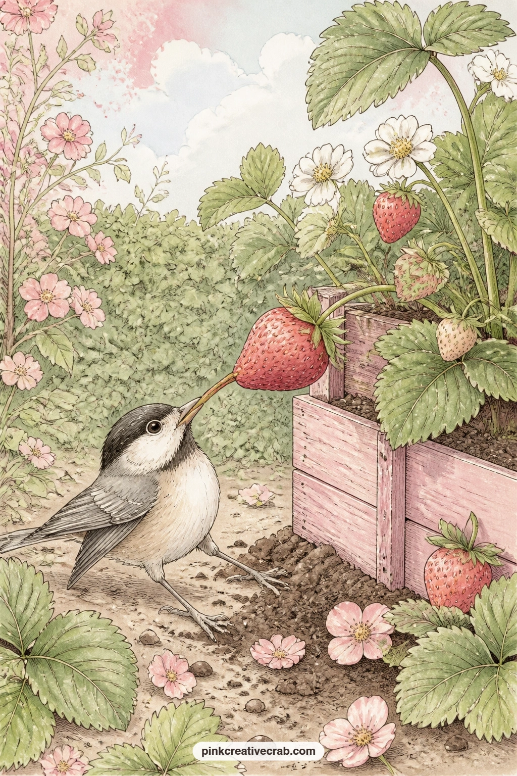 Little Bird Stealing A Strawberry printable page — Write a short note to whoever keeps your garden honest: what grew well this year, and what the birds got to