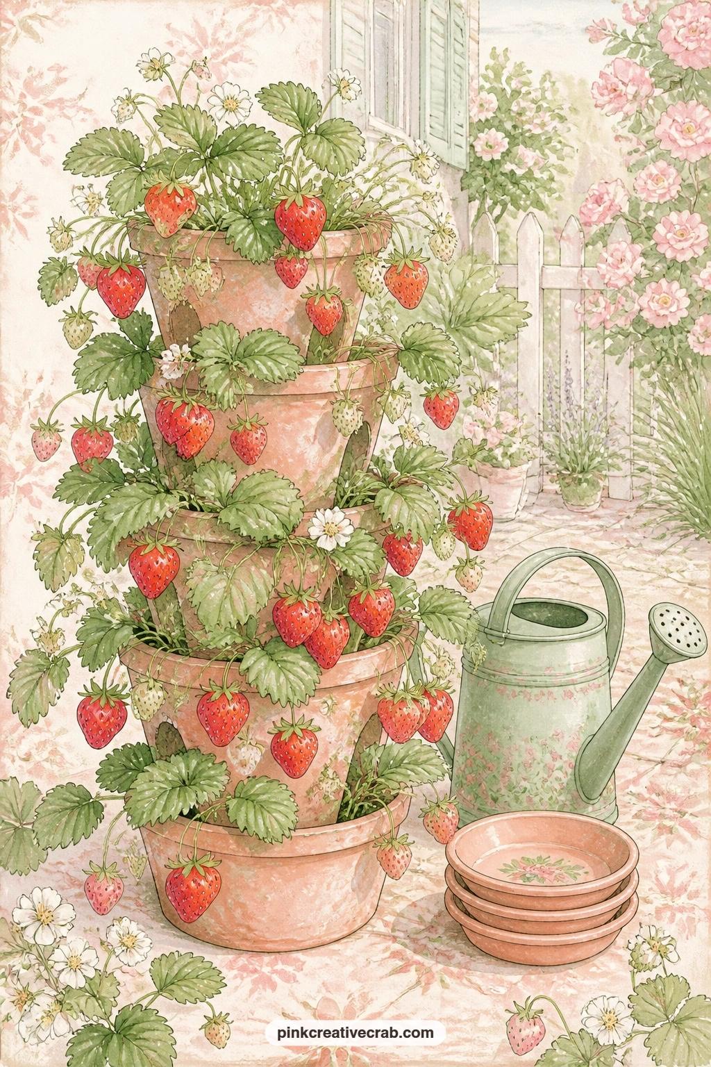 Strawberry Plants In A Terracotta Tower Pot printable page — This page suits anyone building a small patio garden, so it fits well in a gift journal for a