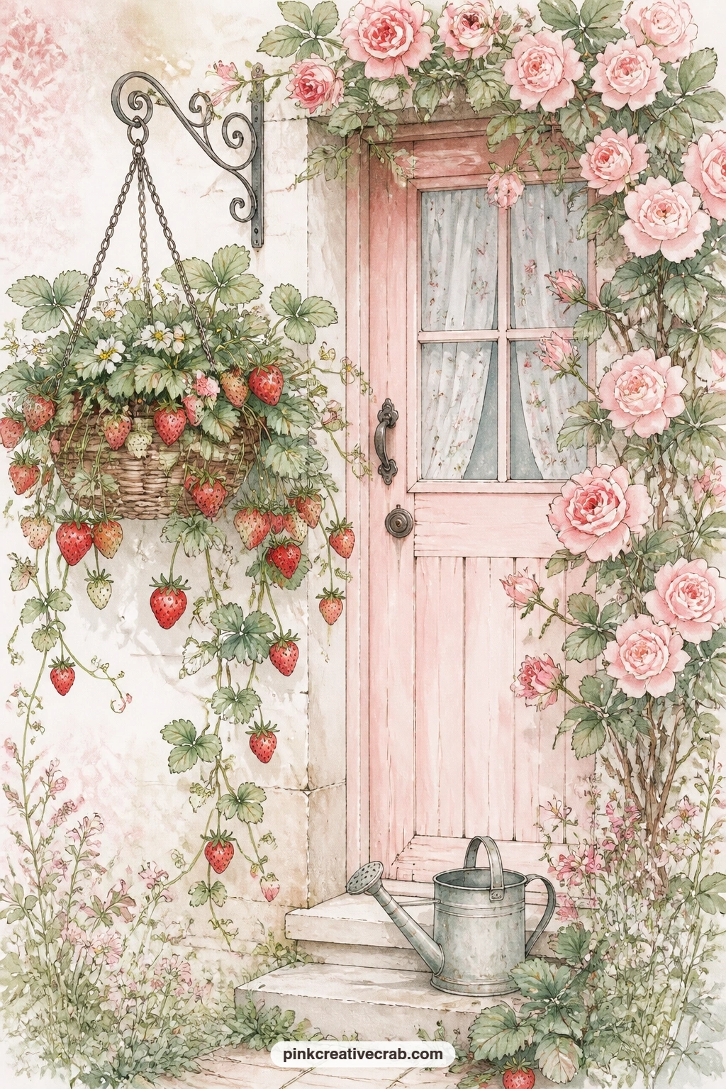 Strawberries In A Hanging Basket By A Cottage Door printable page — Five minutes is enough: glue this one in whole, skip any extra tucked pieces, and let the