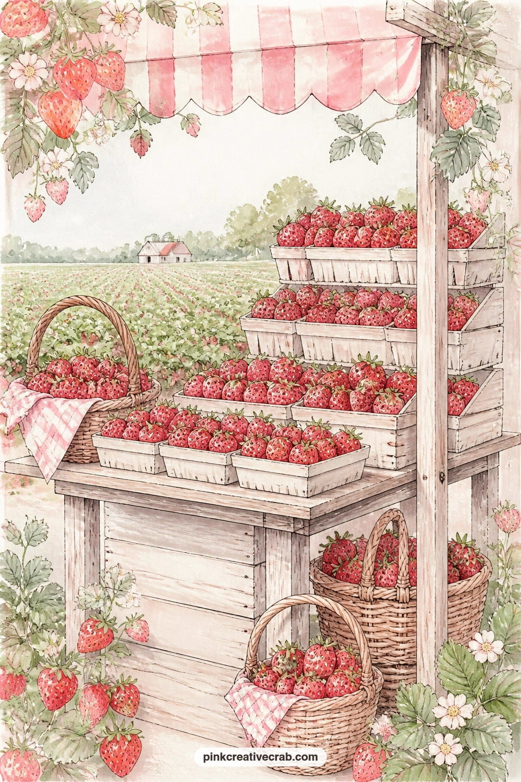 Strawberry Farm Stand With Flats Of Berries printable page — Tuck a handwritten price tag or a paper bag scrap onto this one, right along the front edge of the
