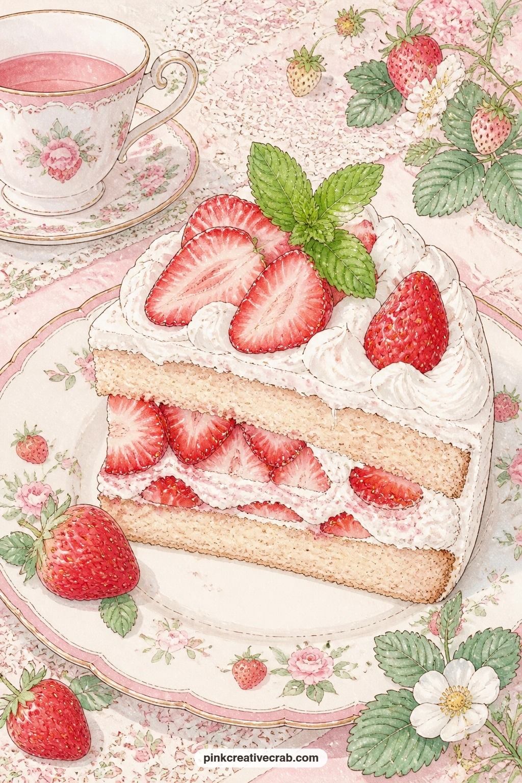 Strawberry Shortcake On A Vintage Plate printable page — Slip in the recipe you actually use for the biscuit here, folded small enough to tuck under the