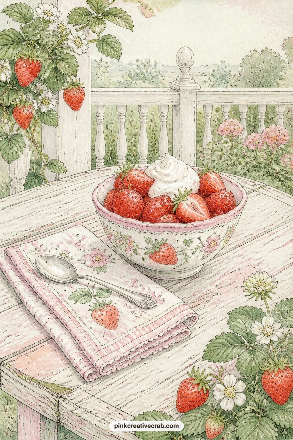 Bowl Of Strawberries And Cream On A Porch Table printable page — A simple bowl of strawberries and cream sits on a porch table in dappled afternoon light, with
