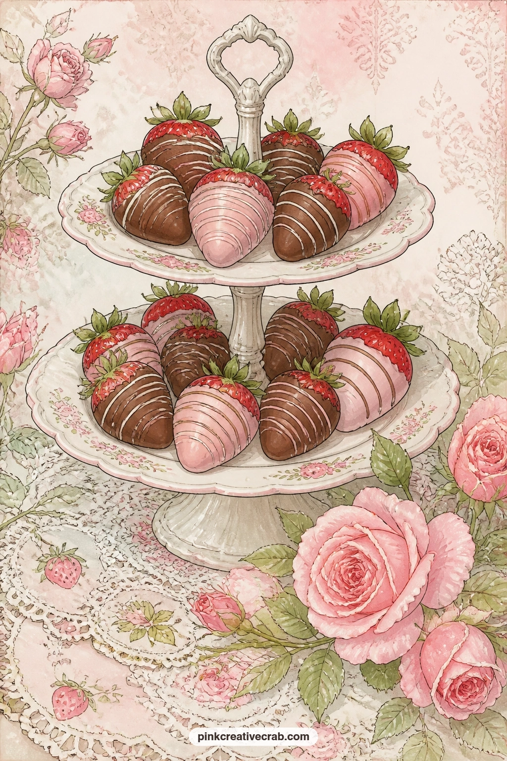 Chocolate Dipped Strawberries On A Cake Stand printable page — The common mistake with this one is making every berry identical; vary the chocolate drizzle on