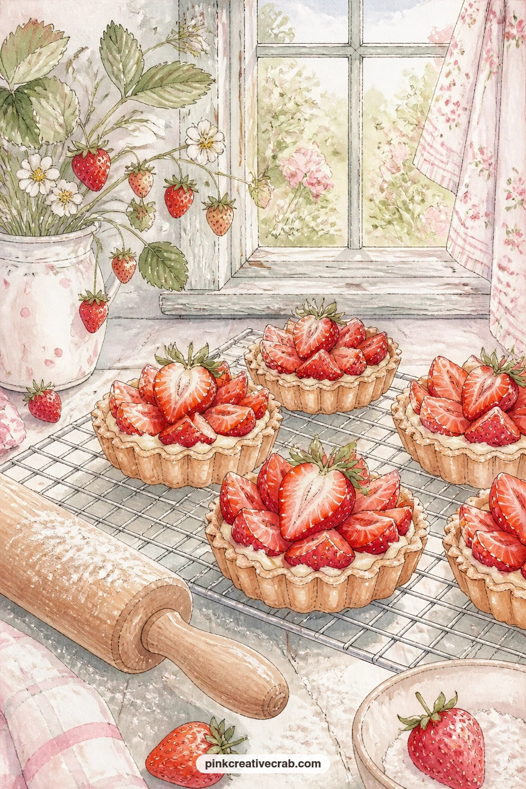 Strawberry Tarts Cooling On A Rack printable page — This page suits a baker friend best in a gift journal, someone who already knows the smell of a kitchen on