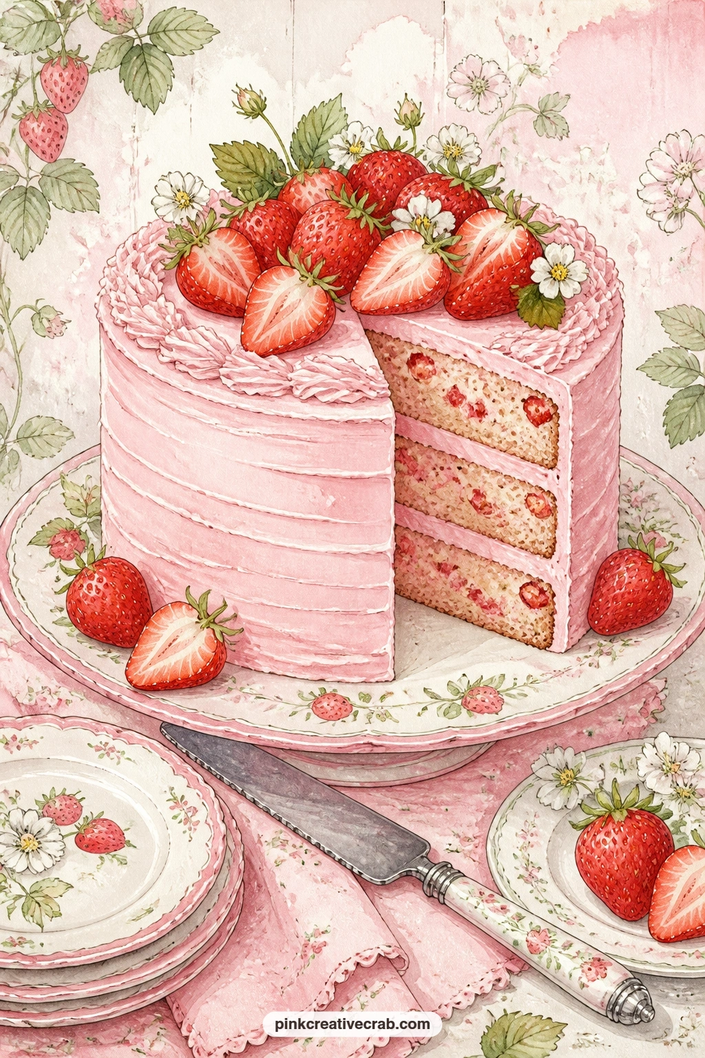 Strawberry Cake With Pink Frosting printable page — What would this cake celebrate in your own year: a birthday, a good harvest, or simply a Tuesday that