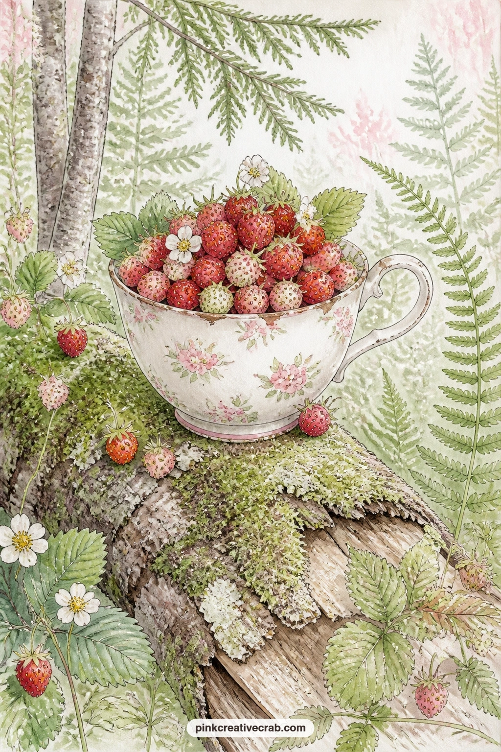 Wild Strawberries In A Teacup On A Forest Log printable page — Try a torn edge along the bottom of this page, as if it were pulled from a nature notebook