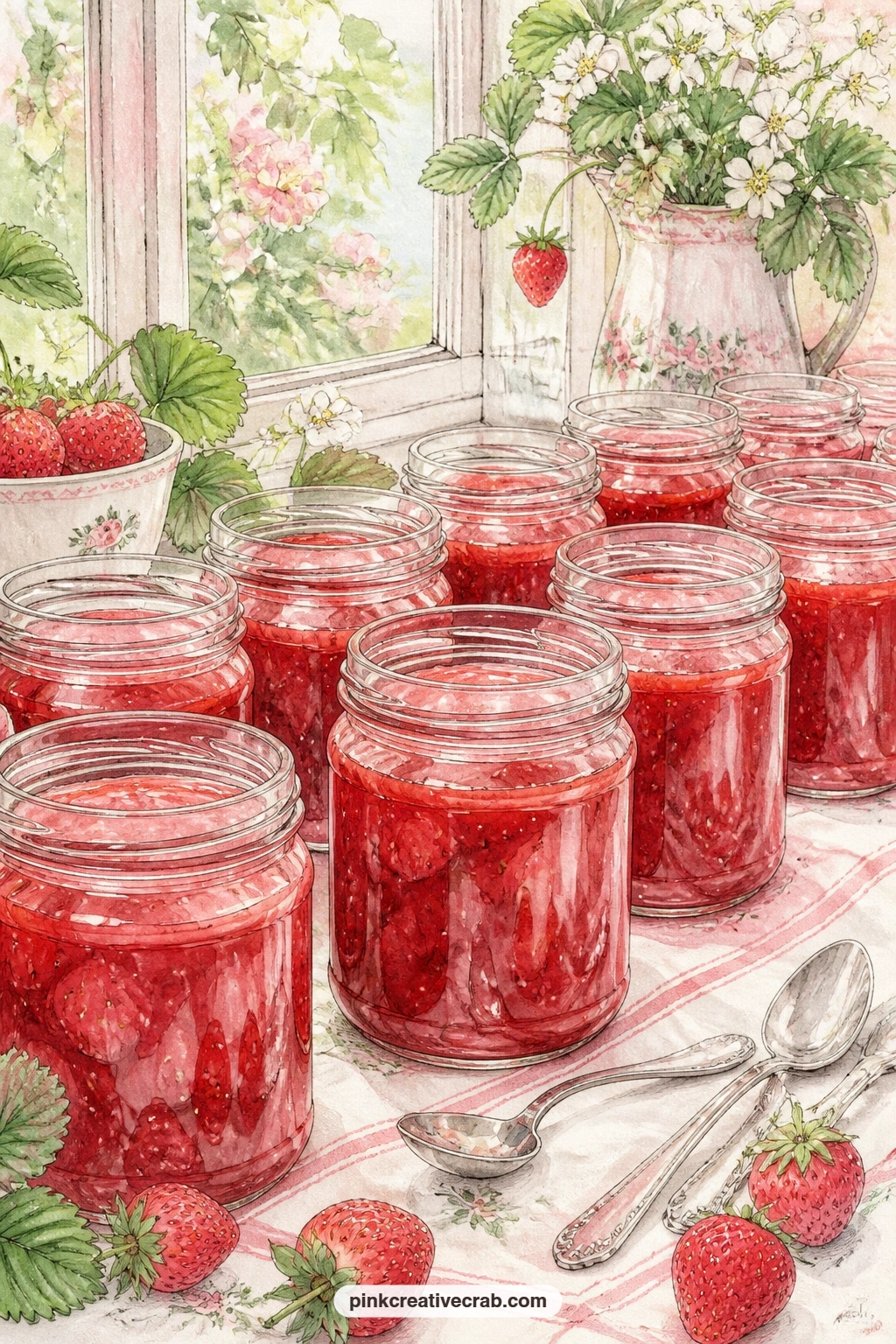 Plain Glass Jars Of Strawberry Jam printable page — Jars of strawberry jam cool along a kitchen windowsill in the afternoon sun, their lids still loose and a