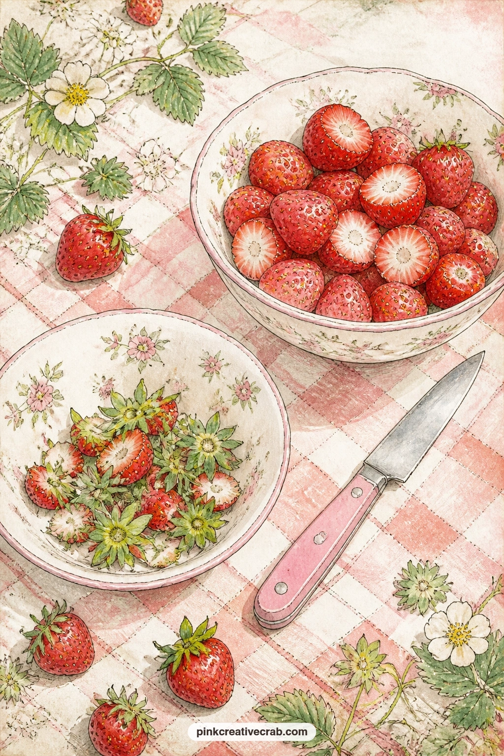Hulling Strawberries At The Table printable page — Glue in your own jam label or a strip of kitchen string here, right along the edge where the bowls of stems