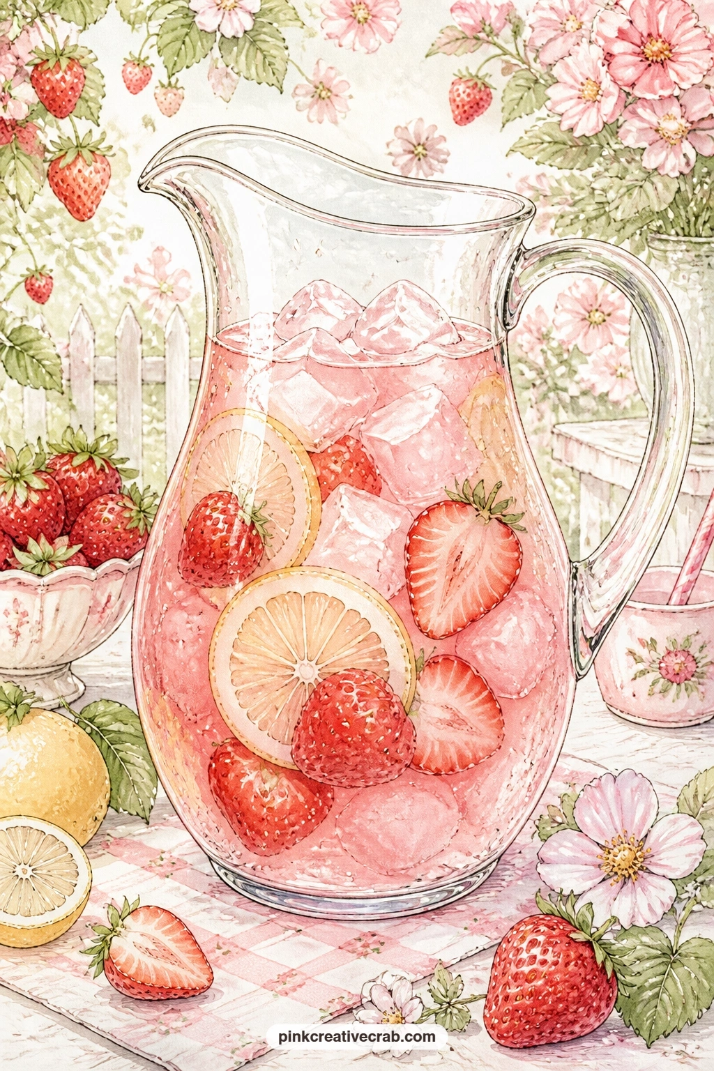 Strawberry Lemonade Pitcher With Ice printable page — A glass pitcher of strawberry lemonade sits with sliced berries and ice floating inside, condensation