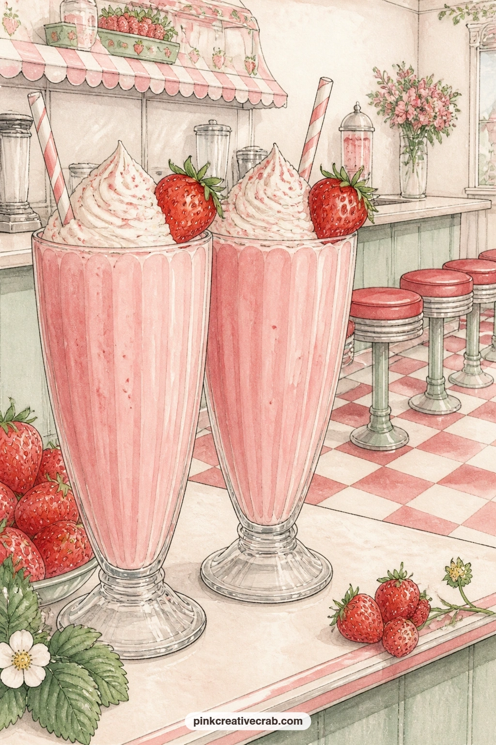 Strawberry Milkshakes At A Soda Fountain Counter printable page — For readers who enjoy a touch of mid century charm, this one pairs nicely with the pink junk