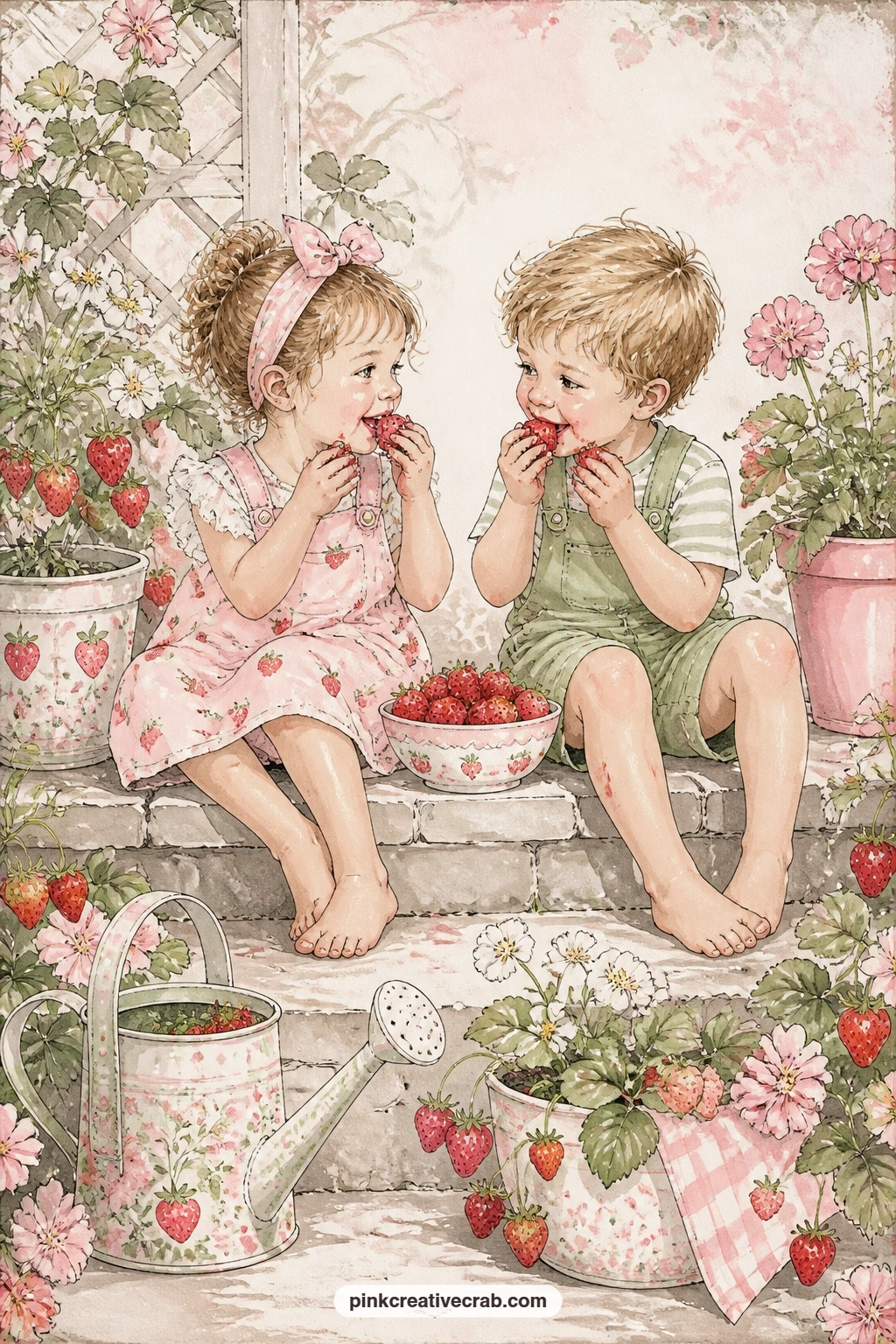 Kids Eating Strawberries On A Garden Step printable page — If you are also planning pages for little ones, the Peter Rabbit junk journal set makes a cheerful