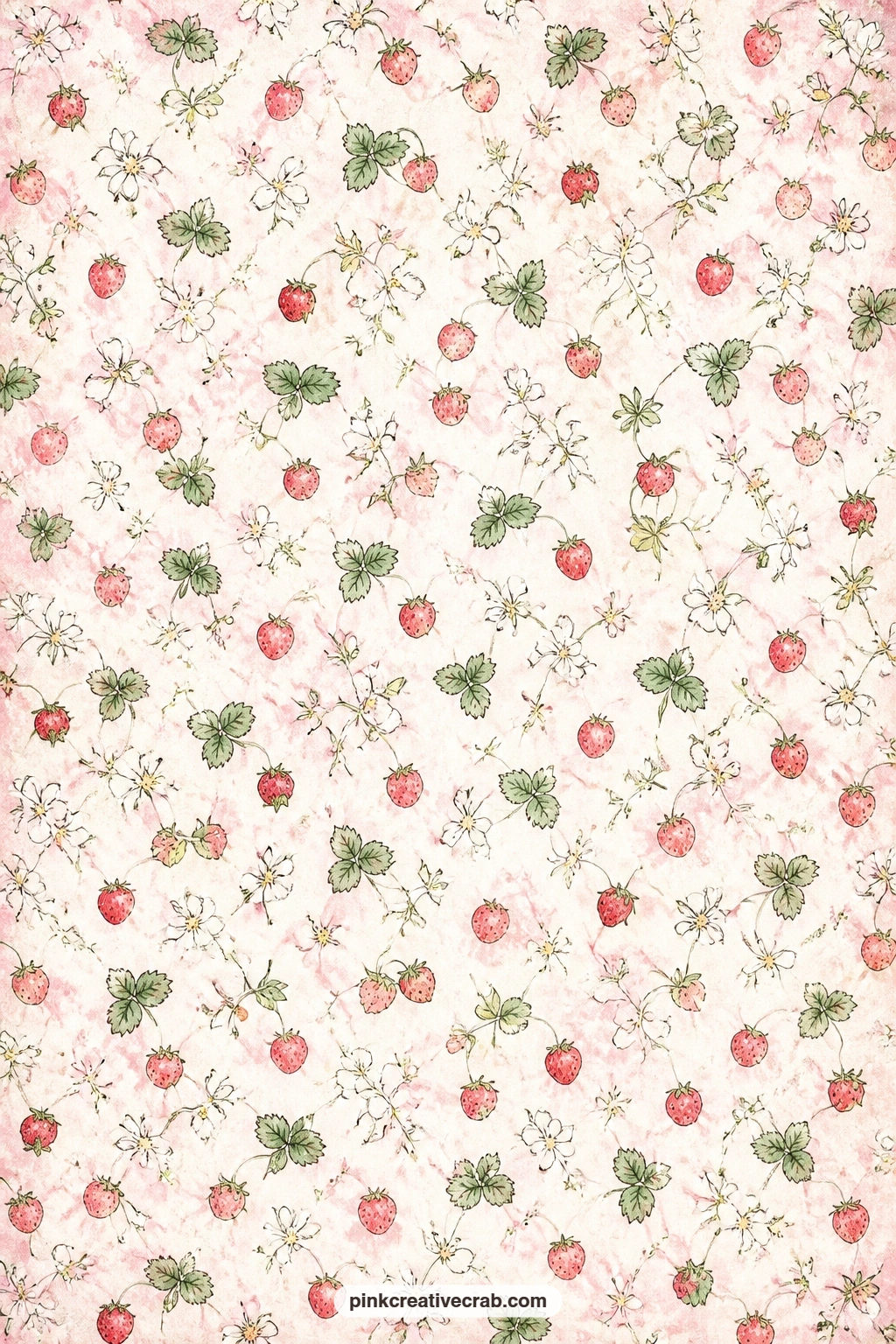 Tiny Strawberries And Blossoms Pattern printable page — Tiny strawberries and white blossoms repeat across a soft cream ground, perfect for lining a pocket