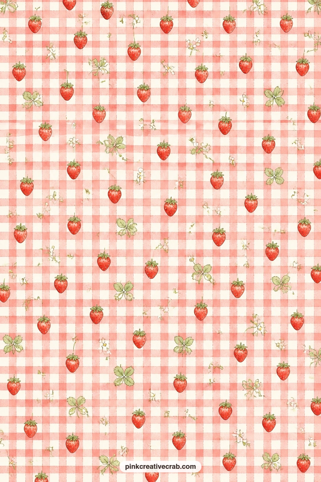 Strawberries On Gingham Pattern printable page — Red and white gingham checks carry scattered strawberries across every square, a strong choice for a journal