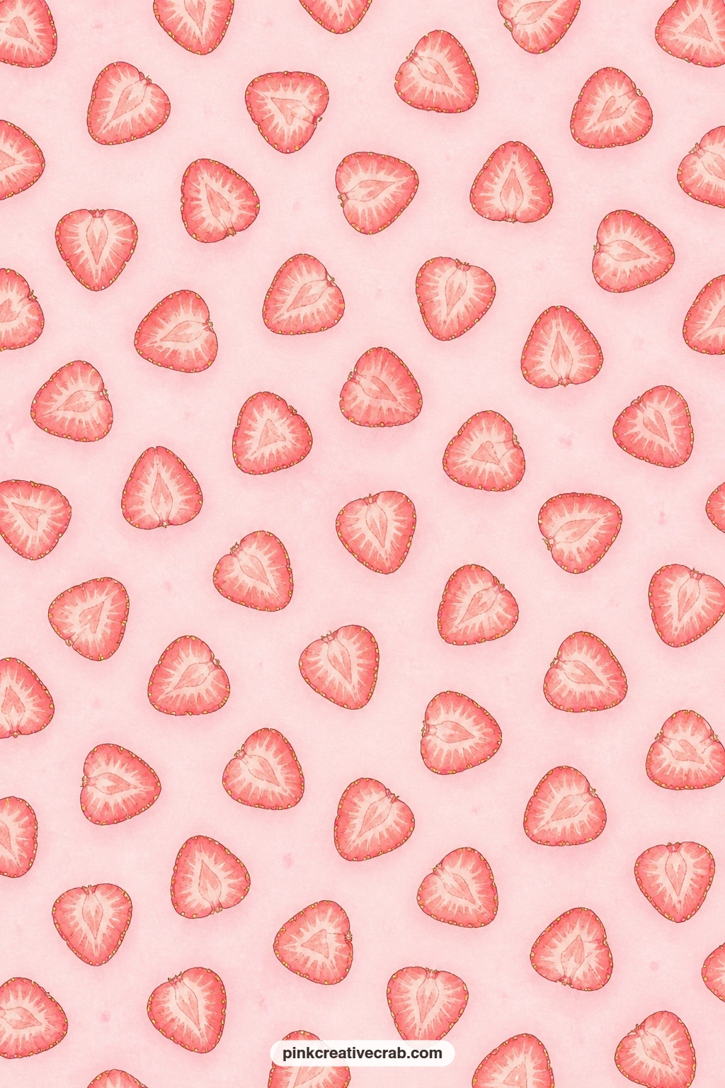 Strawberry Slices On Pink Pattern printable page — Little cross-section strawberry slices scatter over a soft pink ground, light enough to sit behind