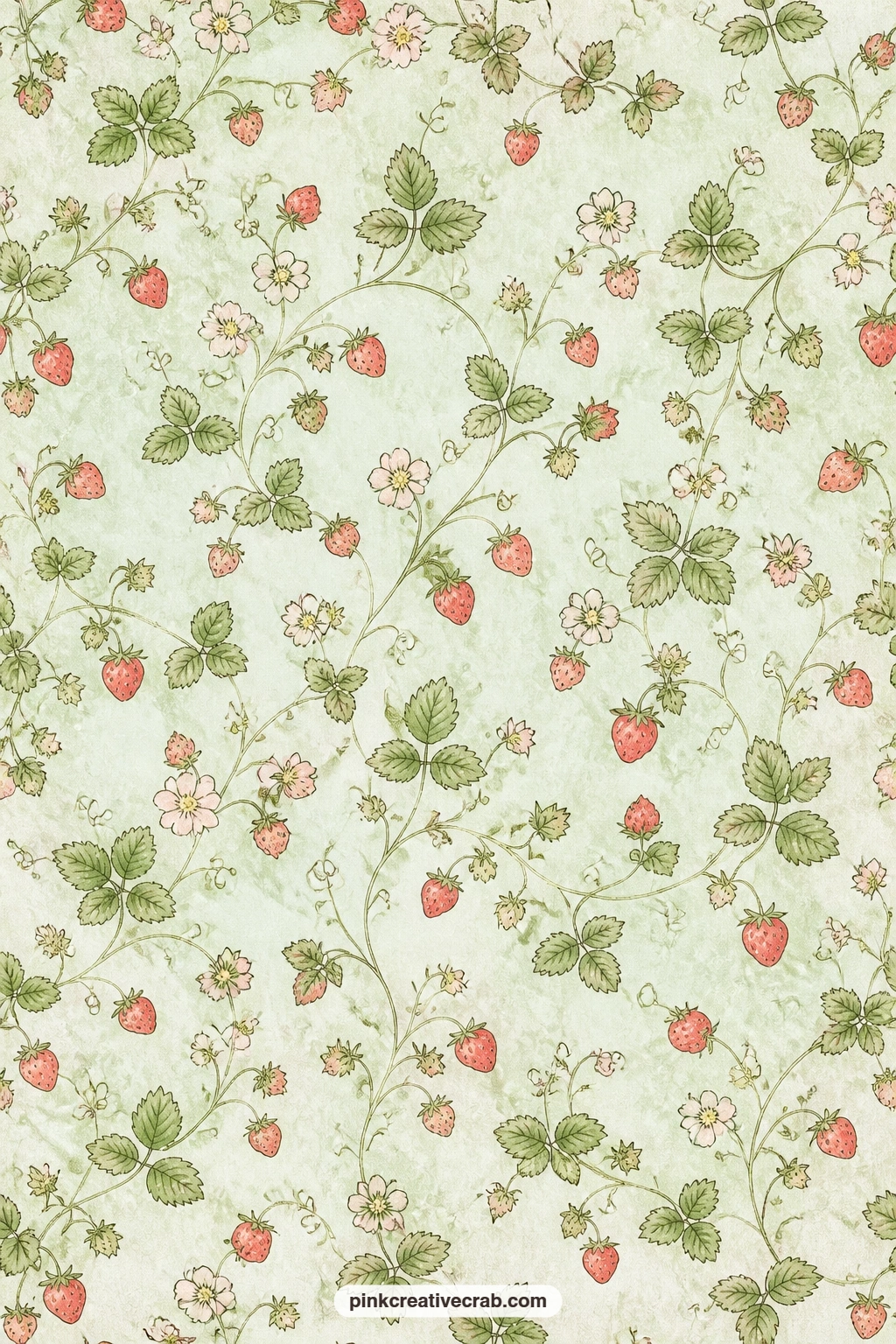 Strawberry Vines On Mint Pattern printable page — Trailing strawberry vines and leaves wind across a mint green ground, a calm choice for a cover page or for