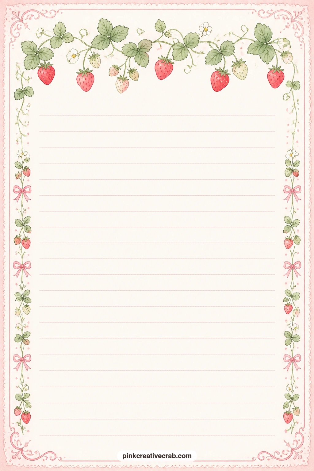 Strawberry Vine Top Border Lined Page printable page — A trailing strawberry vine runs along the top border above faint ruled lines, ready for a picking log, a