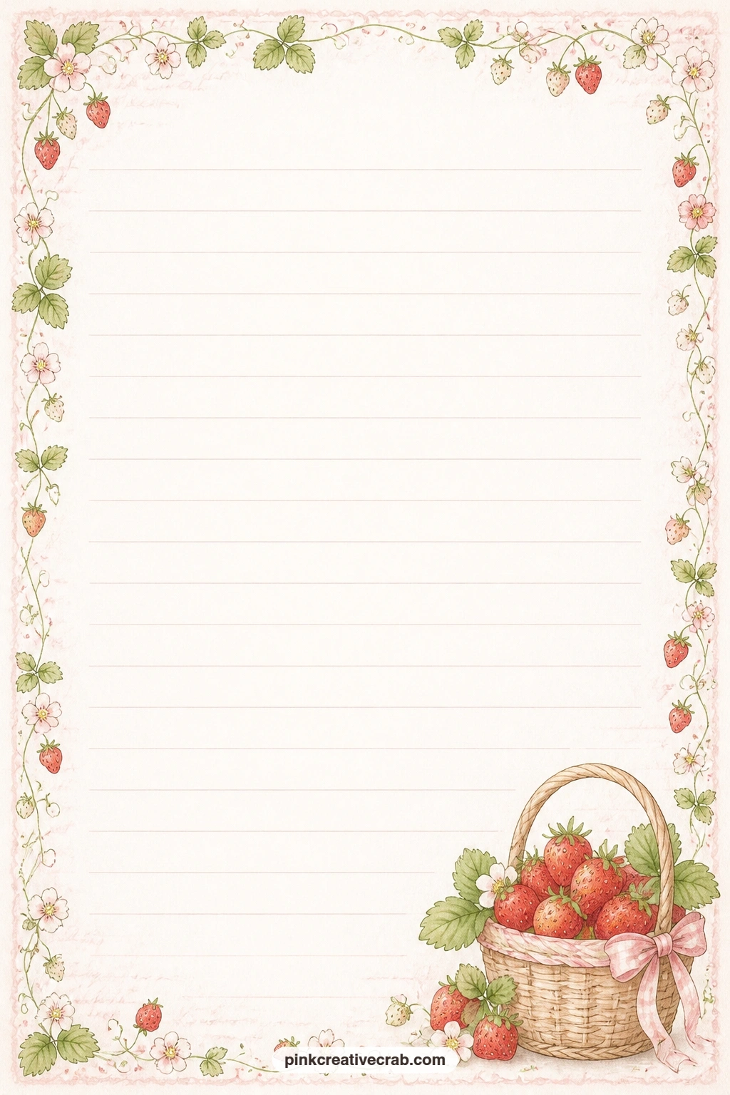 Strawberry Basket Corner Lined Page printable page — A small woven basket of strawberries sits in one corner beside faint ruled lines, good for a gift list, a