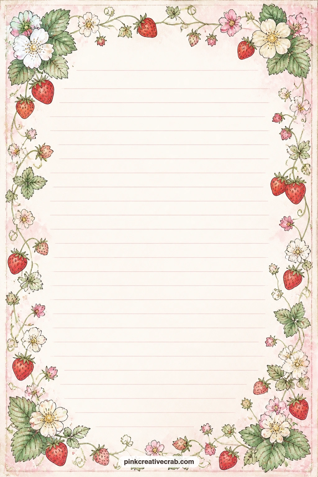 Strawberry Blossom And Berry Frame Lined Page printable page — Strawberry blossoms and berries frame all four sides of faint ruled lines, suited to a menu for