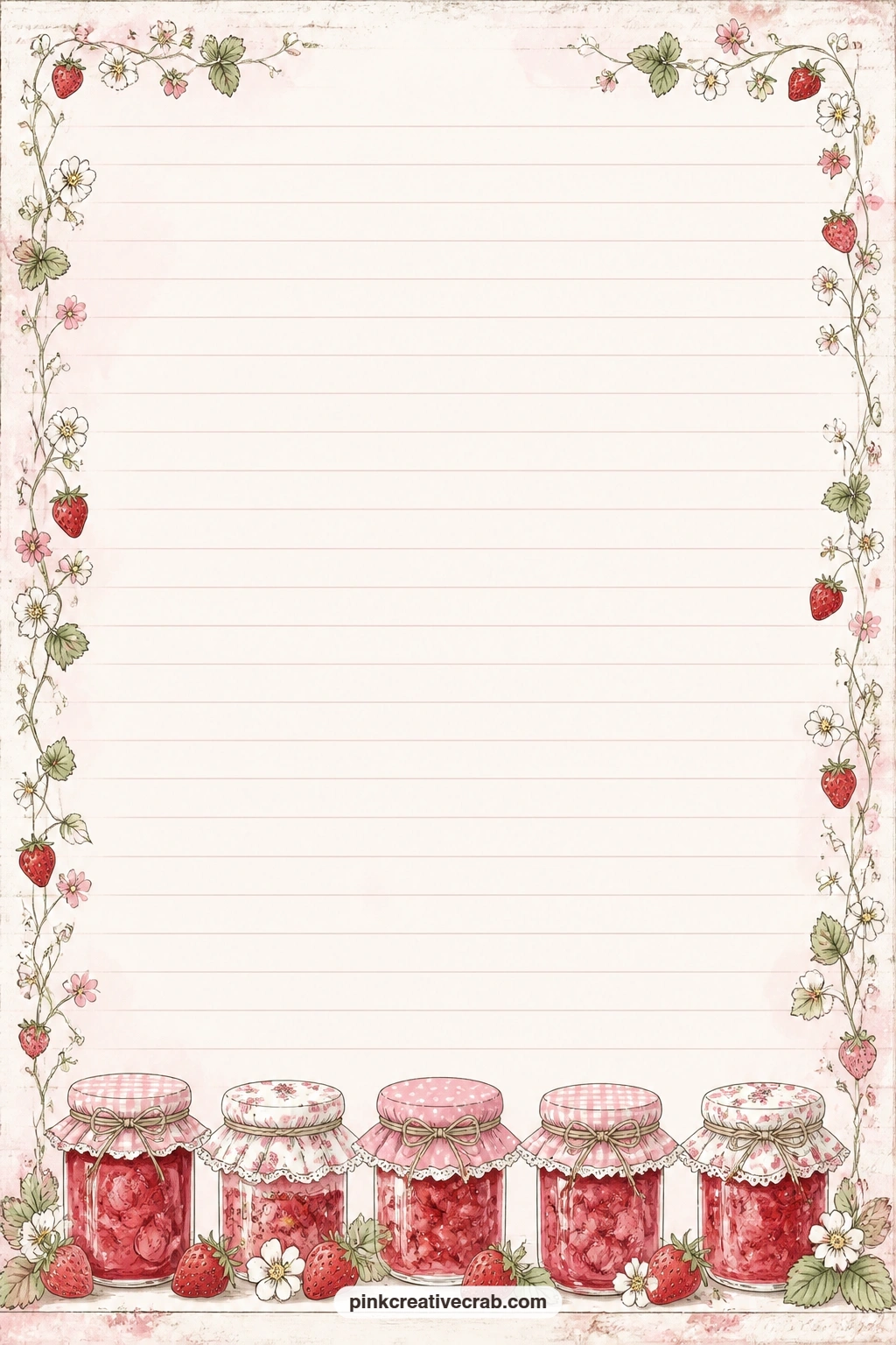 Strawberry Jam Jars Bottom Border Lined Page printable page — A row of small jam jars lines the bottom border beneath faint ruled lines, ideal for a canning