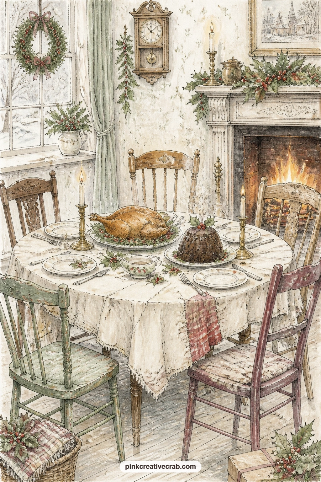 Cratchit Family Table printable page — The little goose, the pudding and a sprig of holly sit at the centre of this spread, with the whole Cratchit table
