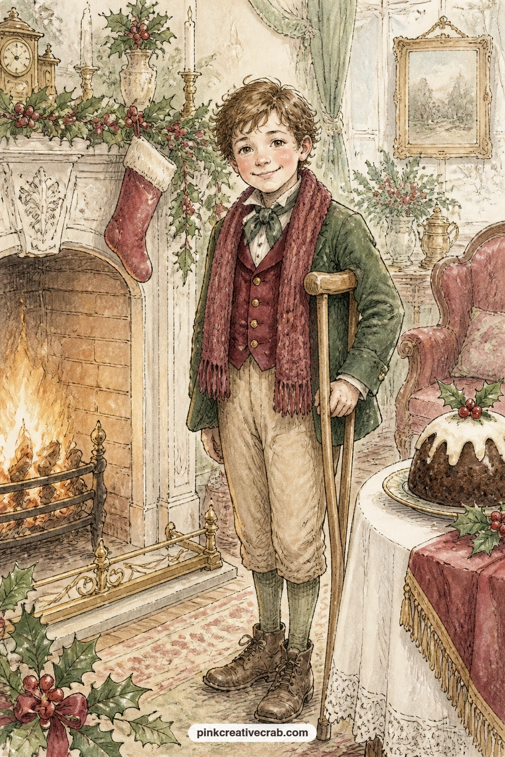 Tiny Tim By The Fire printable page — A boy with a crutch smiles beside the hearth, a plum pudding warm on the table and a small quiet joy filling the whole
