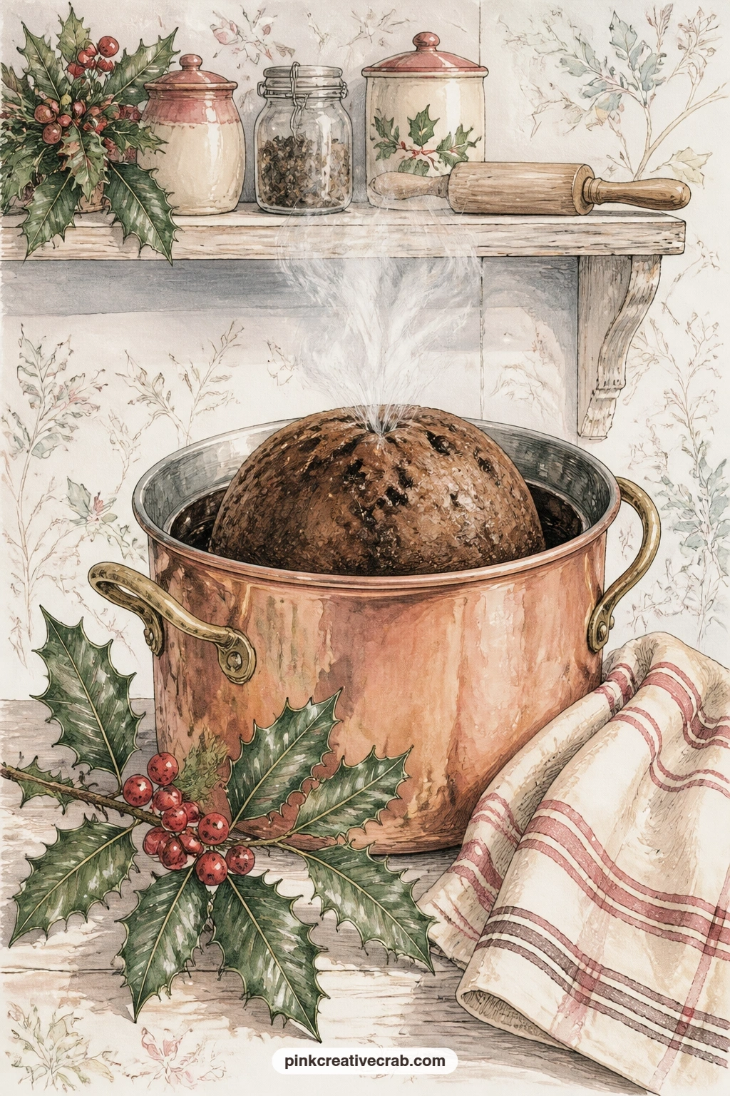 Pudding In The Copper printable page — Steam rises from the copper pot as the pudding cooks, a holly sprig resting on the cloth laid ready beside it. Christmas