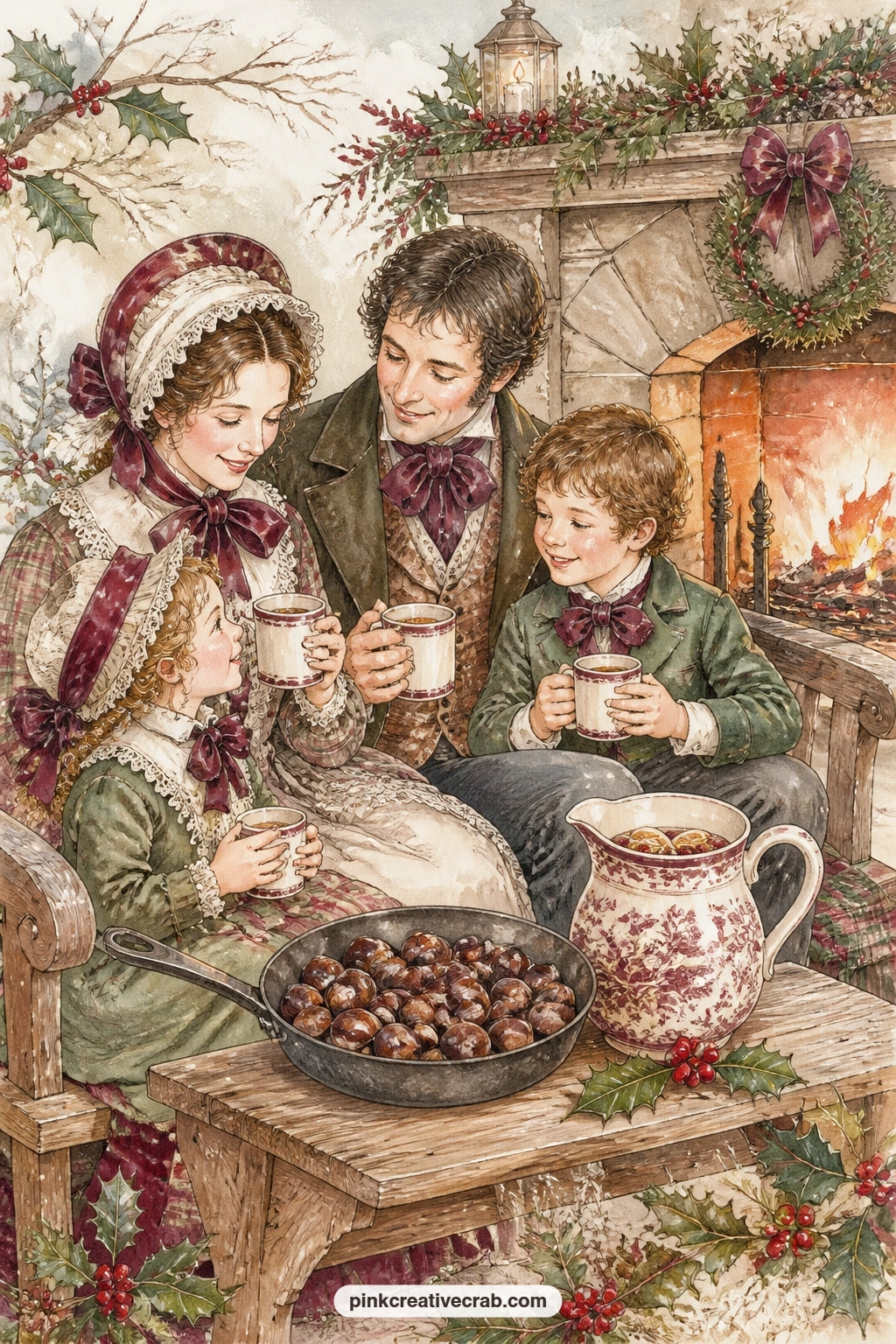 Fireside Chestnuts And Punch printable page — A cheerful family gathers on a fireside bench with a jug of punch and a pan of chestnuts roasting over the coals.