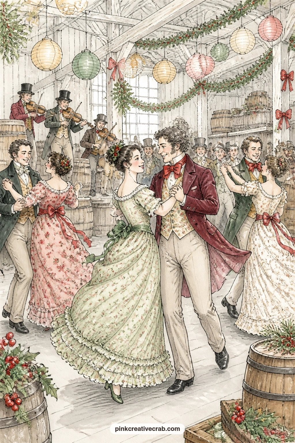 Fezziwig's Warehouse Dance printable page — Fiddlers strike up a tune and lanterns sway over the dancing couples, the whole warehouse turned merry for one