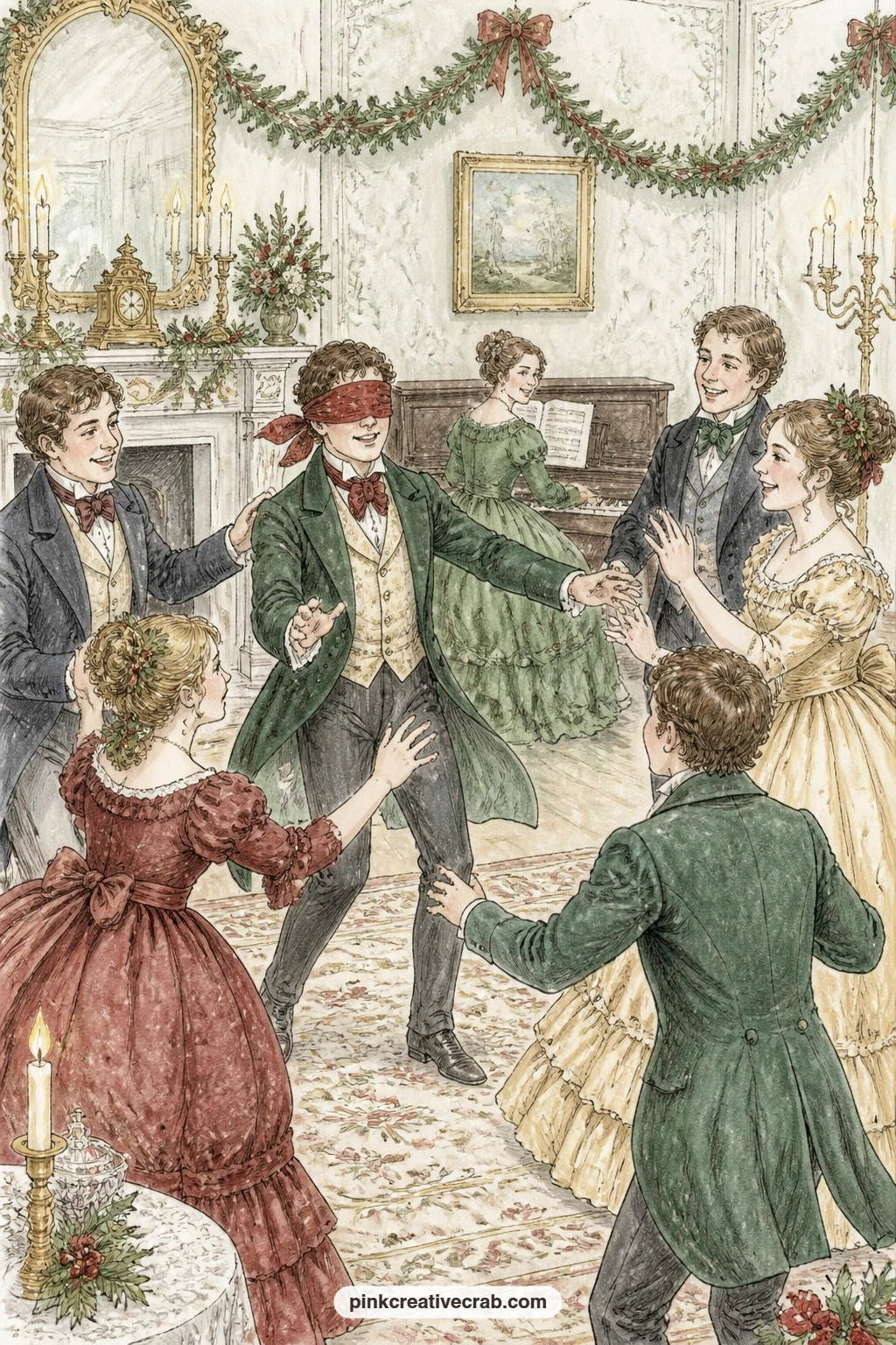 Nephew's Parlor Party printable page — A piano, fresh garlands and a lively game of blind man's buff fill the nephew's parlor with noise, laughter and