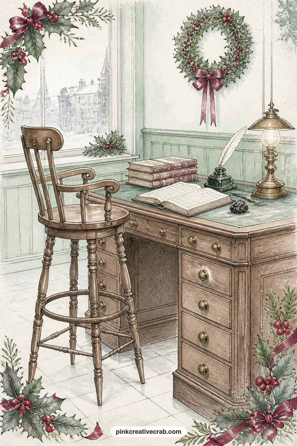 Clerk's Stool And Desk printable page — A tall stool sits beside a worn desk holding a quill, an inkwell and a single piece of coal, the office cold and quiet.