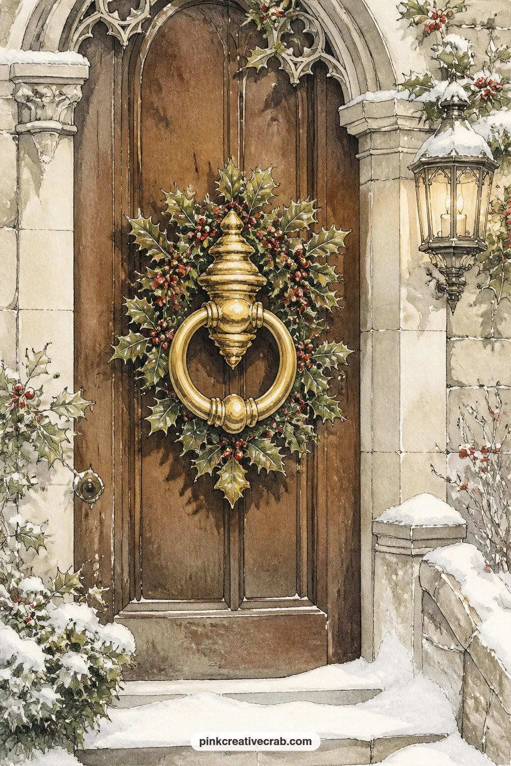 Brass Knocker On The Door printable page — A heavy oak door holds a brass knocker wreathed in holly, snow gathering on the step below. Christmas carol junk