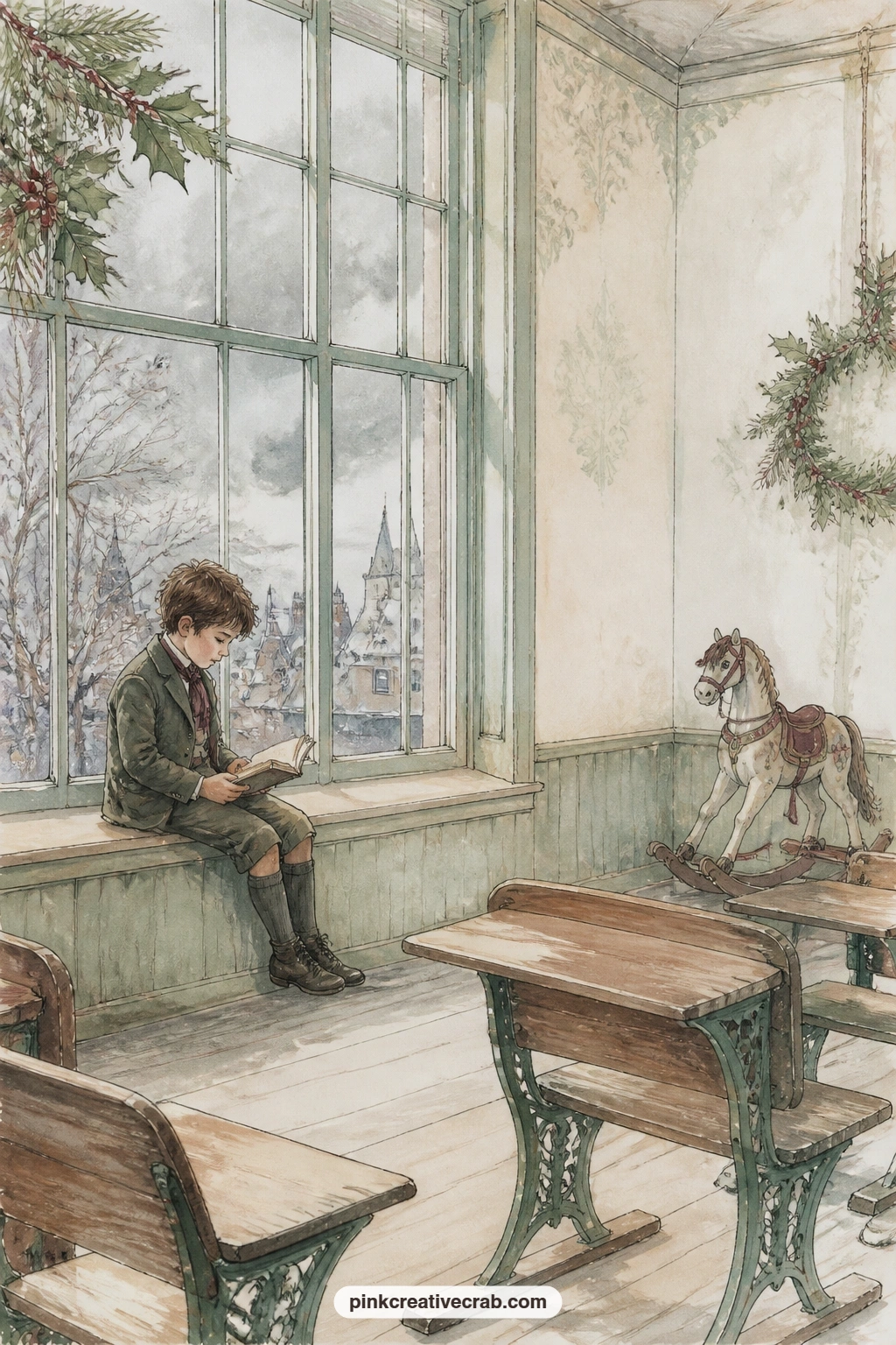 Schoolroom Window printable page — A lonely boy reads by a tall window while a rocking horse stands still in the corner of the quiet schoolroom. Christmas