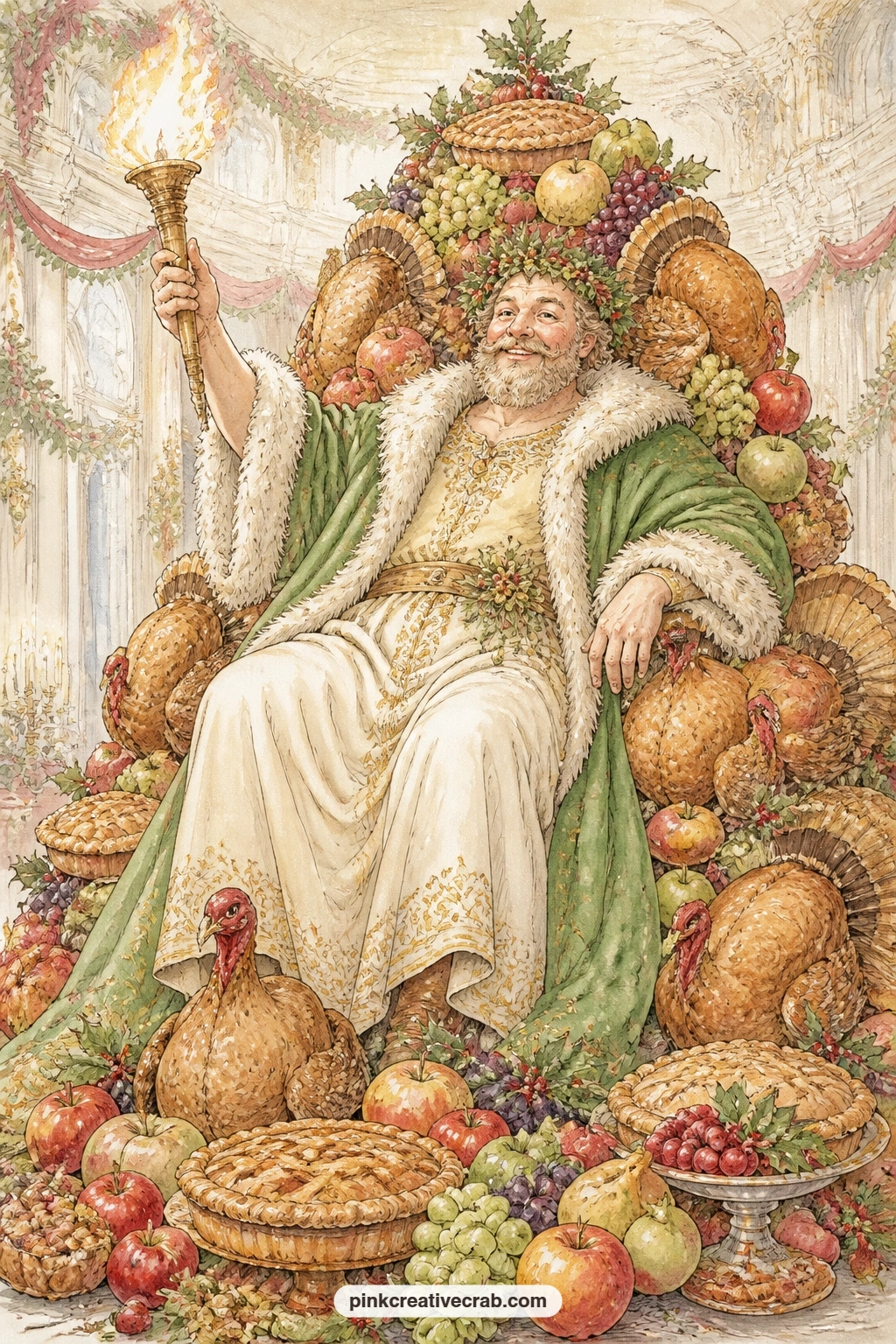 The Spirit Of Plenty printable page — A jolly spirit in a green robe sits enthroned on turkeys, pies and fruit, laughter and warmth pouring from every side of