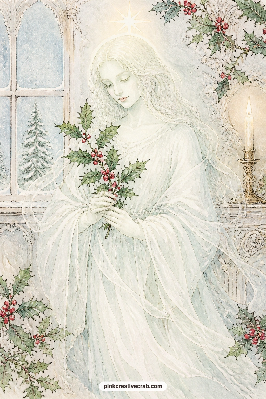The Gentle Pale Spirit printable page — A gentle pale spirit holds a branch of fresh holly, a soft light glowing above its head in the hush of a snowy room.