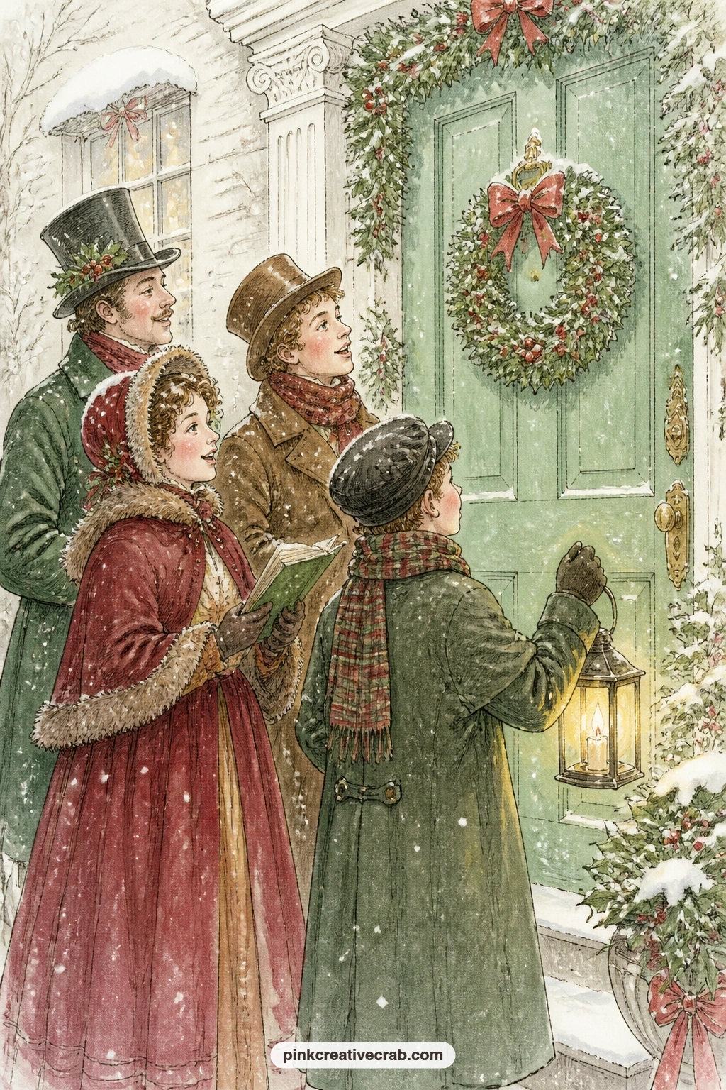 Carolers At The Door printable page — Carolers in heavy Victorian coats gather at a lantern lit doorway, their breath showing in the cold as snow falls around