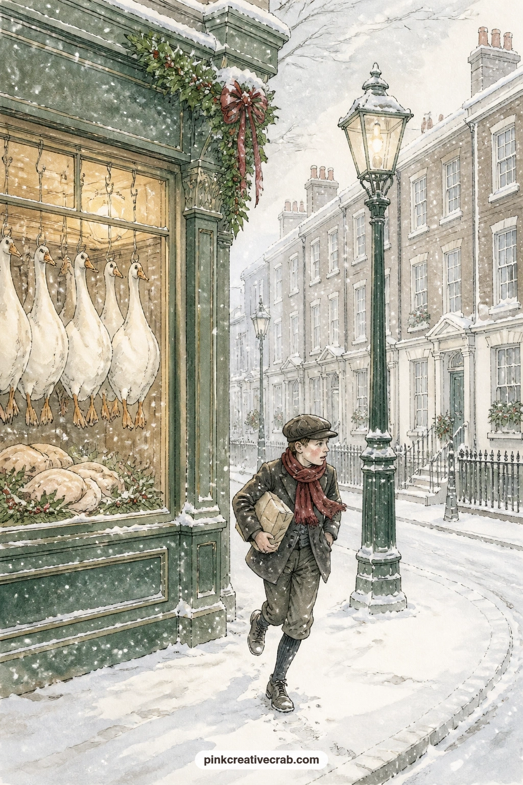 Snowy London Lane printable page — Geese hang outside a poulterer's shop while a boy in a cap hurries down the snowy lane, breath clouding in the cold.