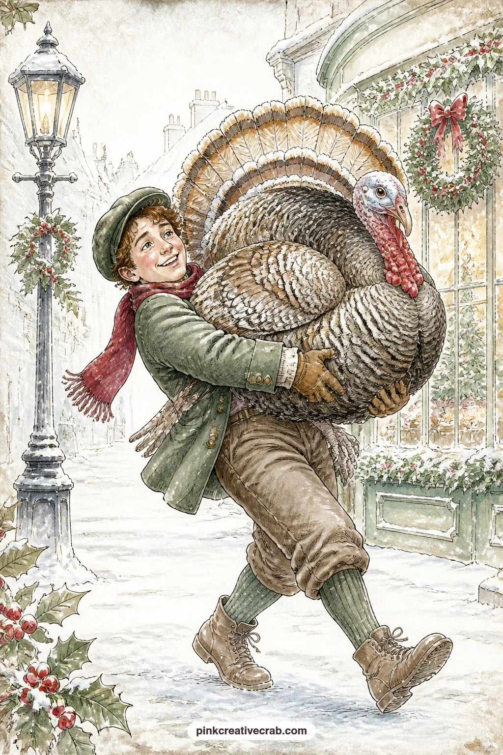 Prize Turkey Delivery printable page — A delivery boy carries a huge prize turkey through the snow, his arms full and his grin bigger than the bird itself.