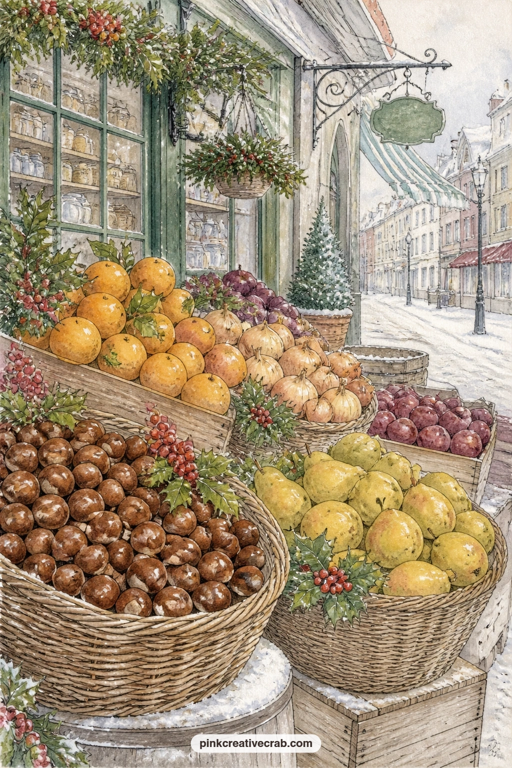 Grocer's Winter Display printable page — Chestnuts, oranges, onions and pears pile high in baskets outside the grocer's window, a feast of colour against the