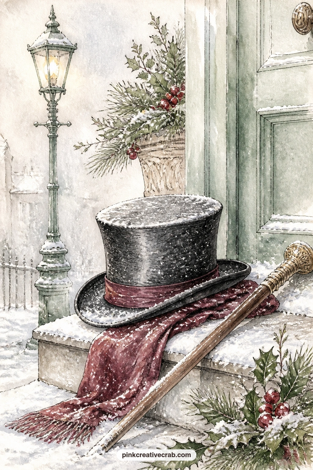 Top Hat By The Doorstep printable page — The usual trouble with a quiet object page like this is leaving it too bare, so tuck a small ticket or calling card