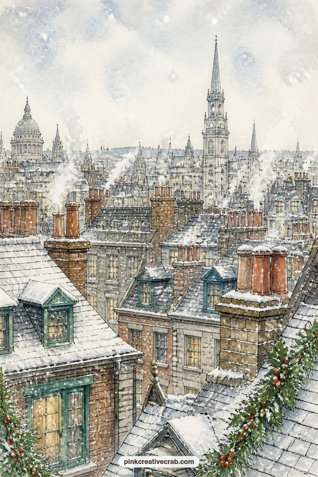 Rooftops Of London printable page — Chimneys and church spires rise above the rooftops of London, soft snow drifting down over the whole sleeping city.