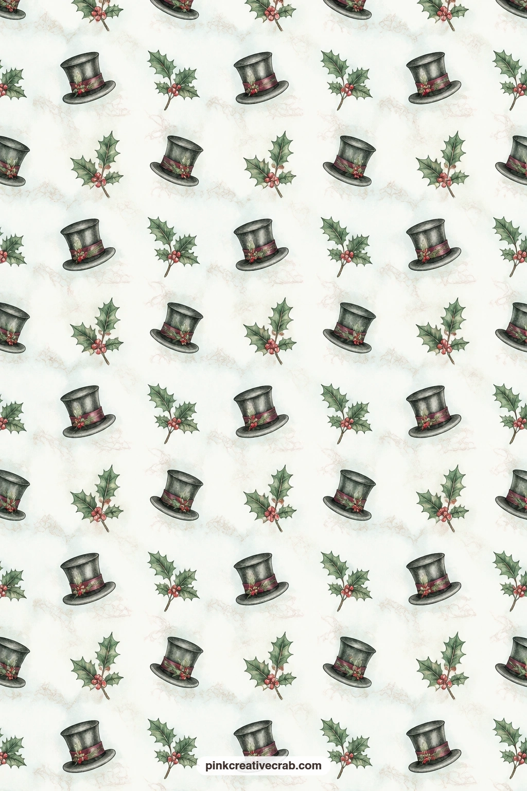Top Hat And Holly Pattern printable page — Small top hats and sprigs of holly repeat in neat rows across this page, sized for a cover, a pocket lining or a