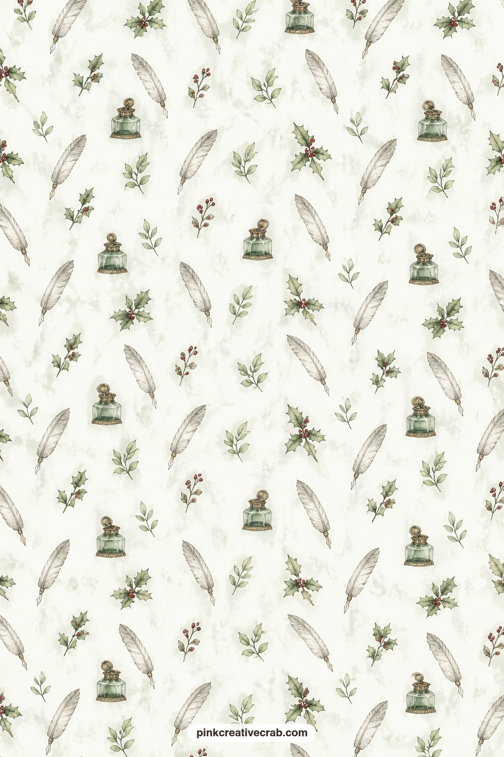 Quill And Inkwell Sprig Pattern printable page — Tiny quills and inkwells scatter between small sprigs across the sheet, a quiet pattern that suits the