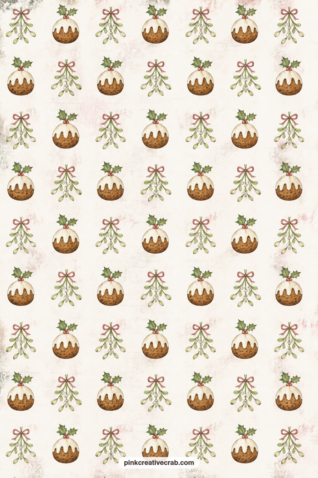 Plum Pudding And Mistletoe Pattern printable page — Small plum puddings and mistletoe sprigs repeat in a cheerful all over design, good for lining a pocket