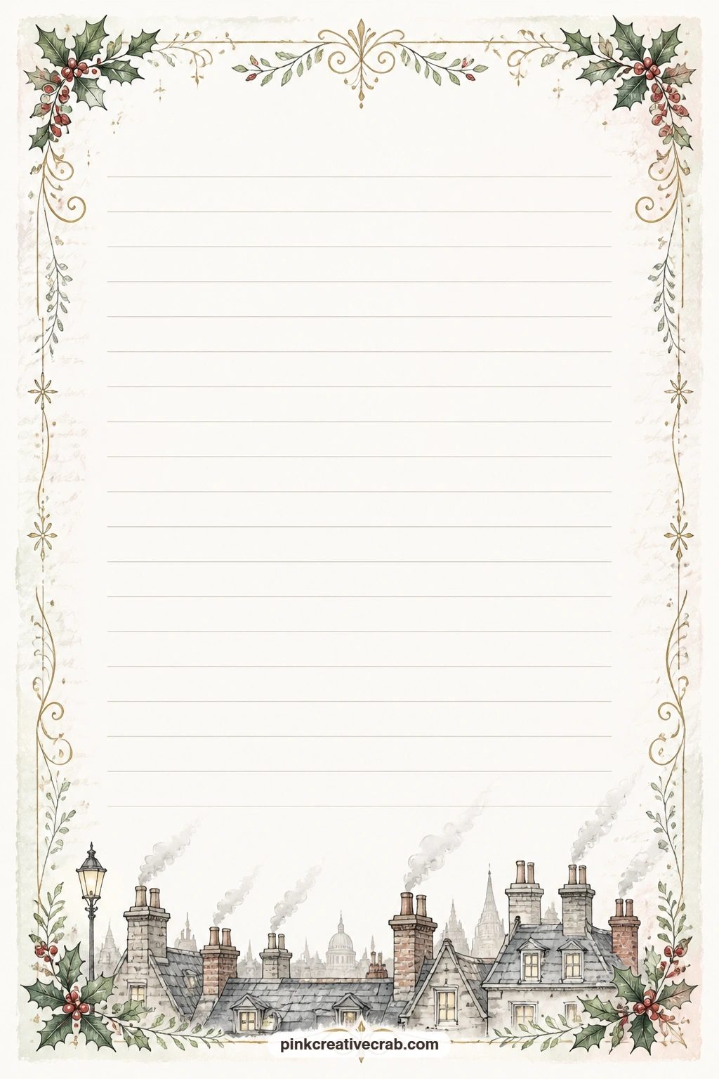 London Chimney Skyline Lined Page printable page — Rooftops and chimneys run along the bottom border of this page, faint lines waiting above for a street